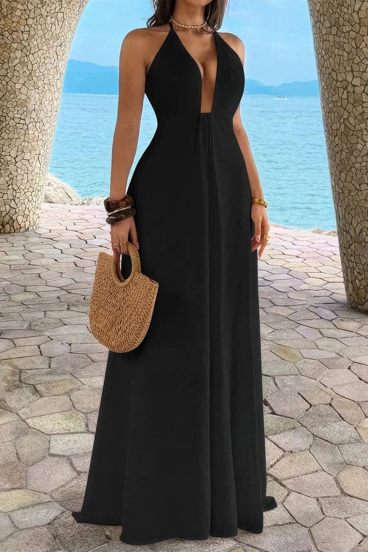 Women's Deep V-Neck Halter A-Line Fall Wedding Guest Dress Maxi