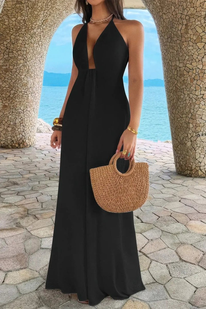 Women's Deep V-Neck Halter A-Line Fall Wedding Guest Dress Maxi