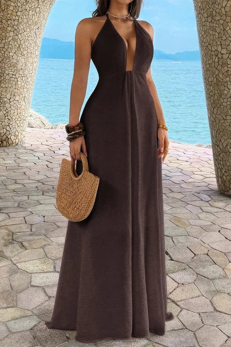 Women's Deep V-Neck Halter A-Line Fall Wedding Guest Dress Maxi