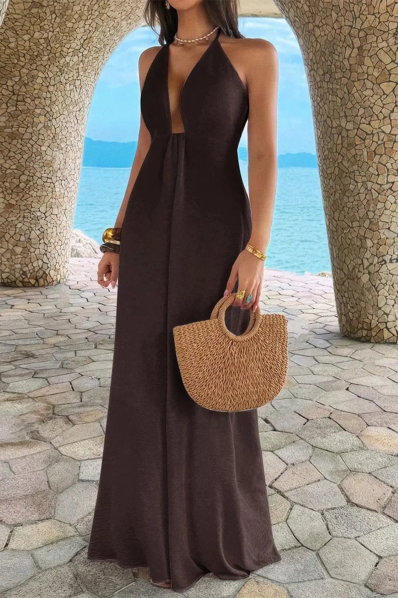 Women's Deep V-Neck Halter A-Line Fall Wedding Guest Dress Maxi