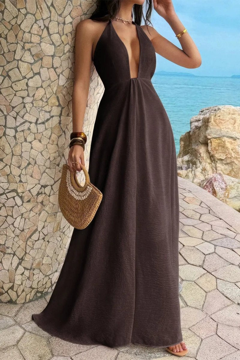 Women's Deep V-Neck Halter A-Line Fall Wedding Guest Dress Maxi