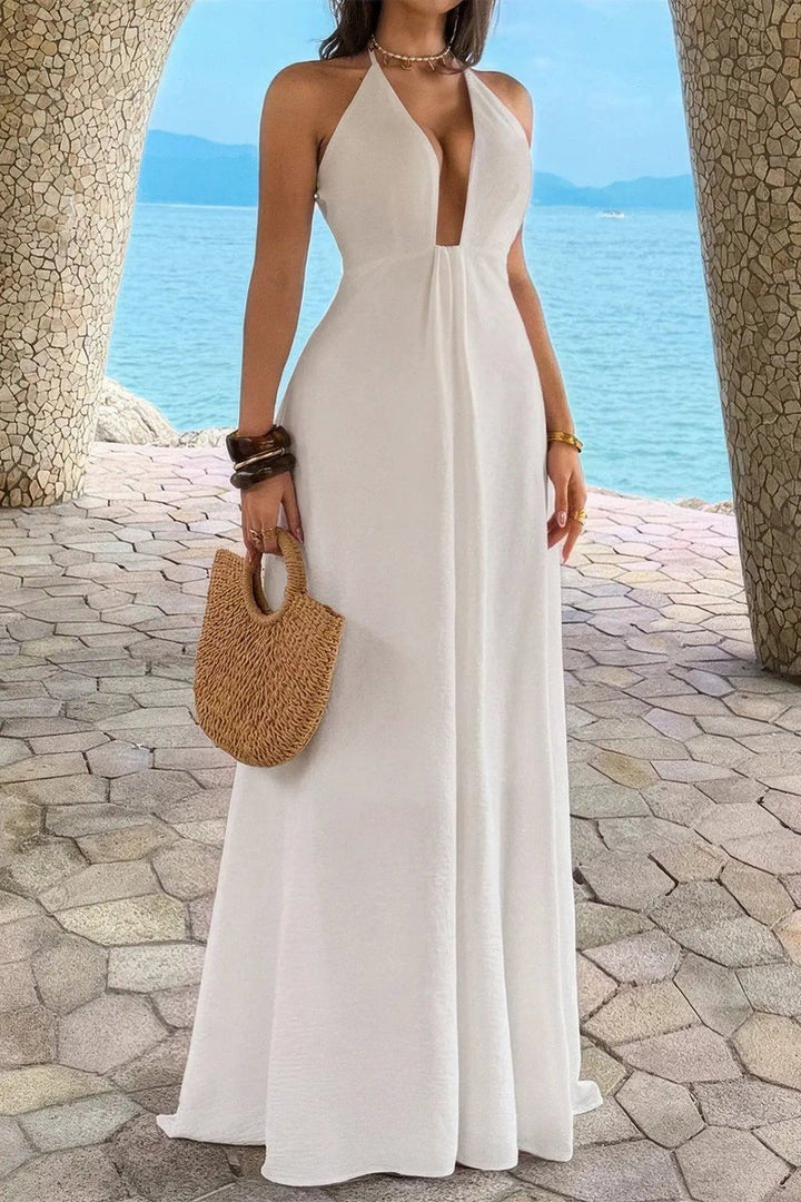 Women's Deep V-Neck Halter A-Line Fall Wedding Guest Dress Maxi