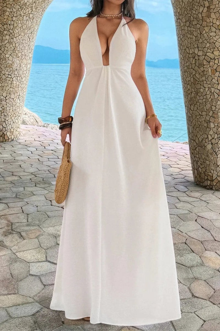 Women's Deep V-Neck Halter A-Line Fall Wedding Guest Dress Maxi
