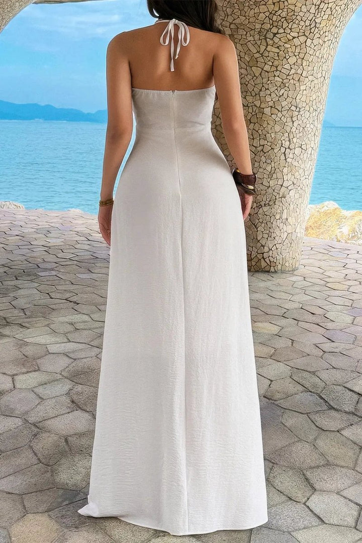 Women's Deep V-Neck Halter A-Line Fall Wedding Guest Dress Maxi