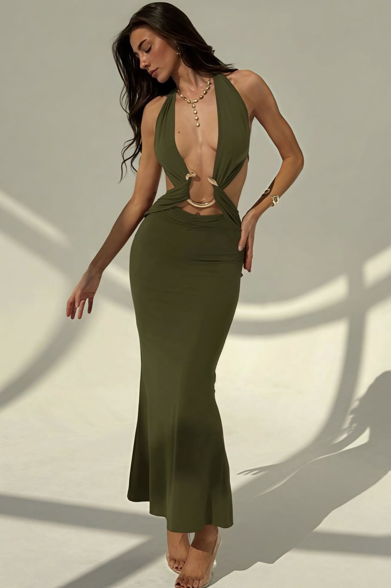 Women's Deep V-Neck Halter Fall Wedding Guest Dress Slim Bodycon Maxi