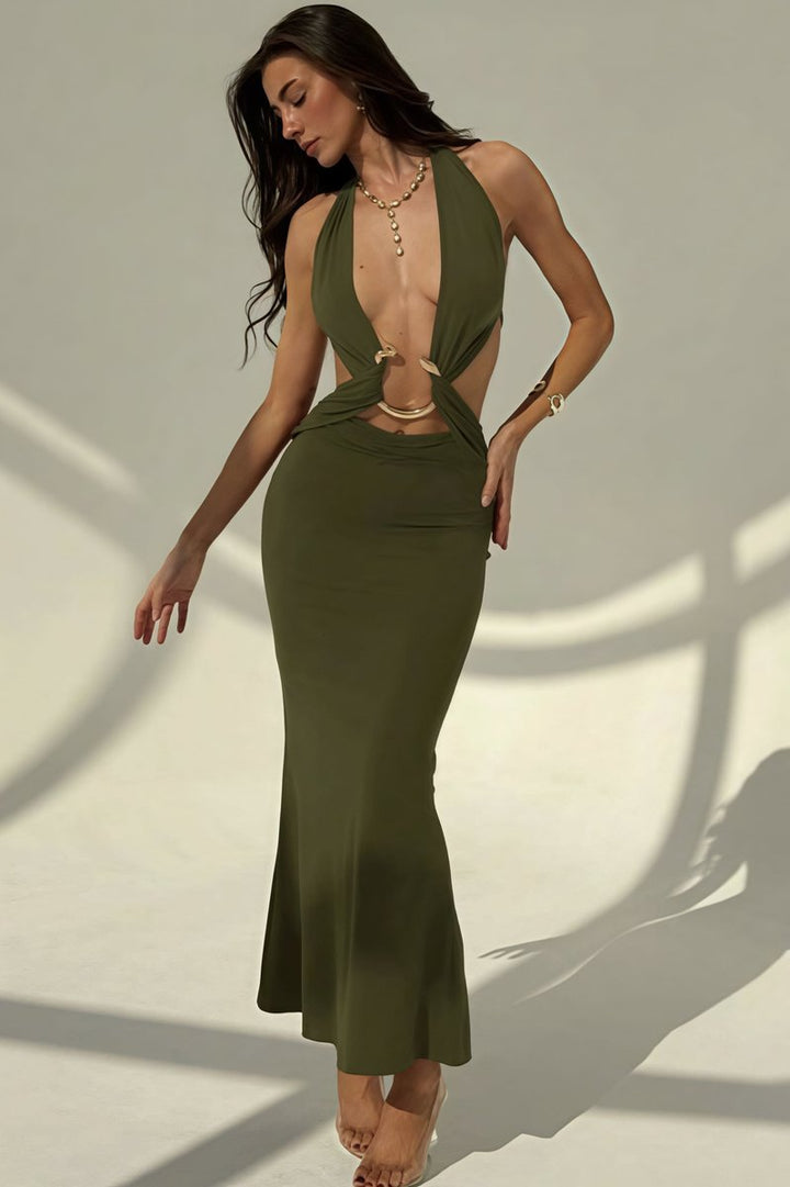 Women's Deep V-Neck Halter Fall Wedding Guest Dress Slim Bodycon Maxi