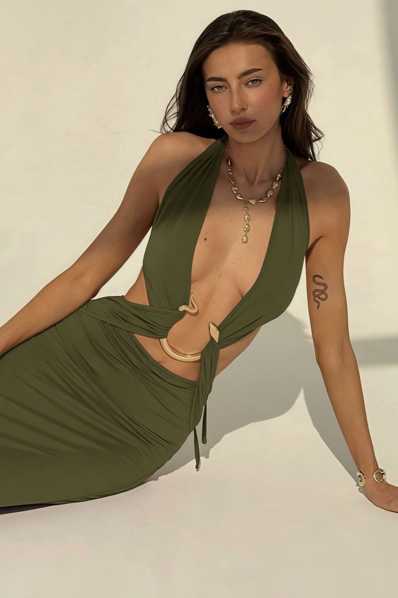 Women's Deep V-Neck Halter Fall Wedding Guest Dress Slim Bodycon Maxi
