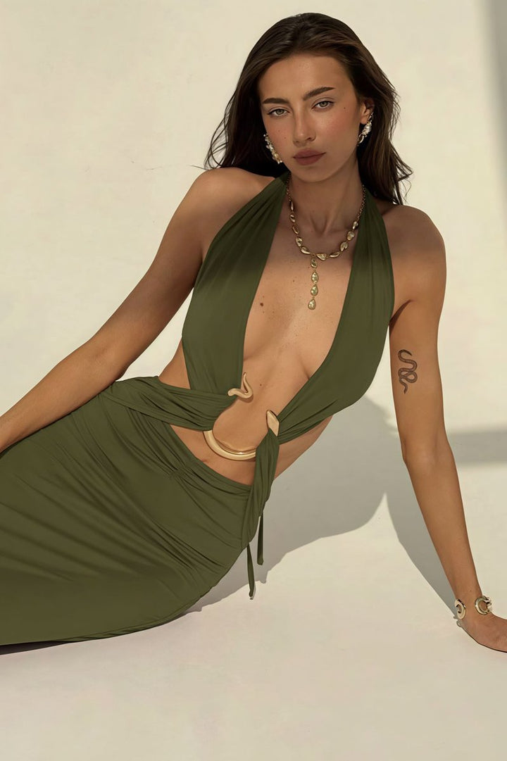Women's Deep V-Neck Halter Fall Wedding Guest Dress Slim Bodycon Maxi
