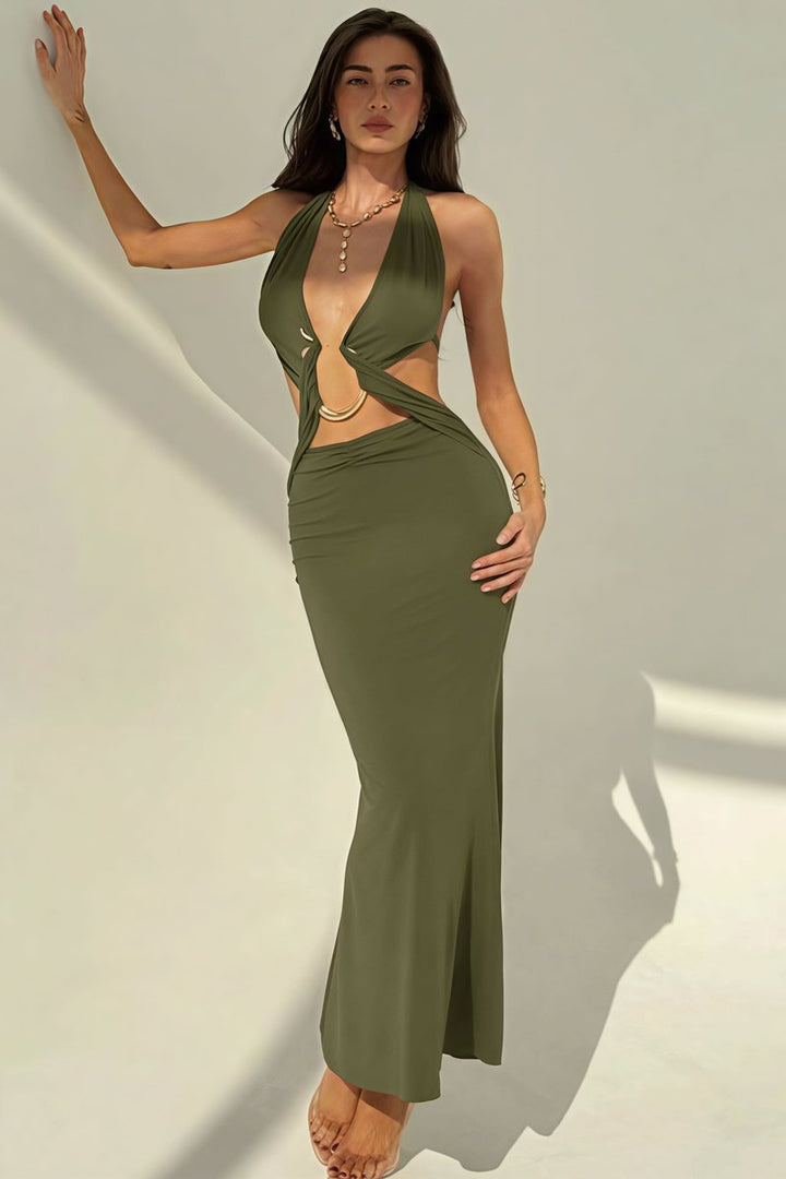 Women's Deep V-Neck Halter Fall Wedding Guest Dress Slim Bodycon Maxi