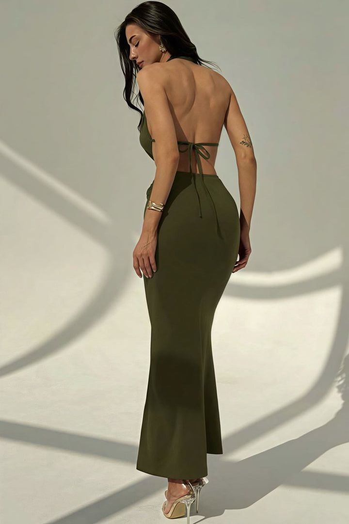 Women's Deep V-Neck Halter Fall Wedding Guest Dress Slim Bodycon Maxi
