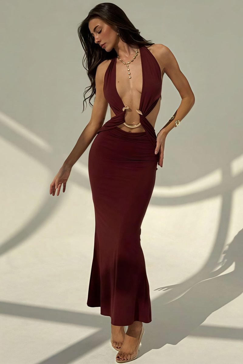 Women's Deep V-Neck Halter Fall Wedding Guest Dress Slim Bodycon Maxi