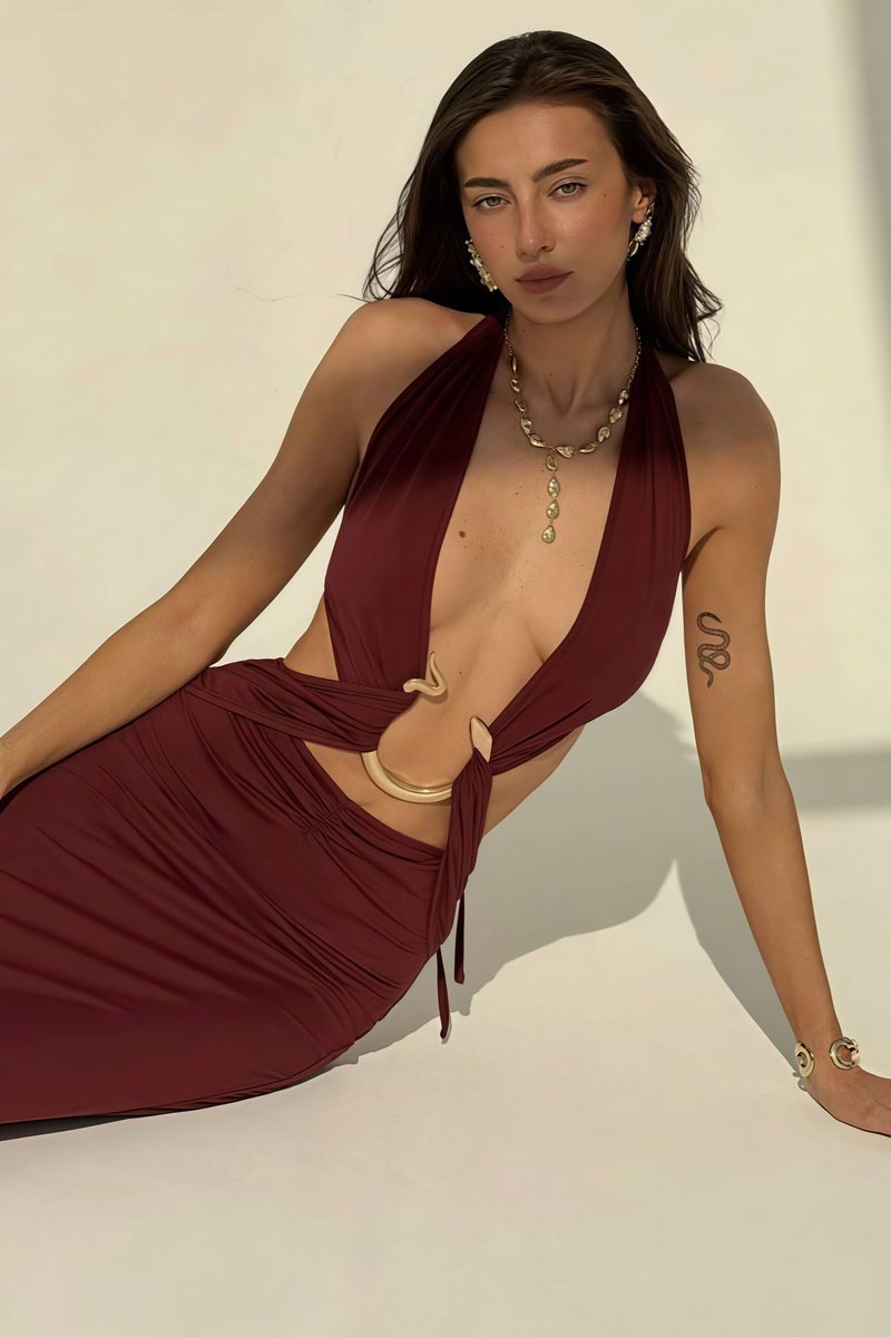 Women's Deep V-Neck Halter Fall Wedding Guest Dress Slim Bodycon Maxi