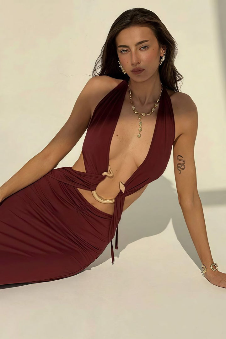 Women's Deep V-Neck Halter Fall Wedding Guest Dress Slim Bodycon Maxi