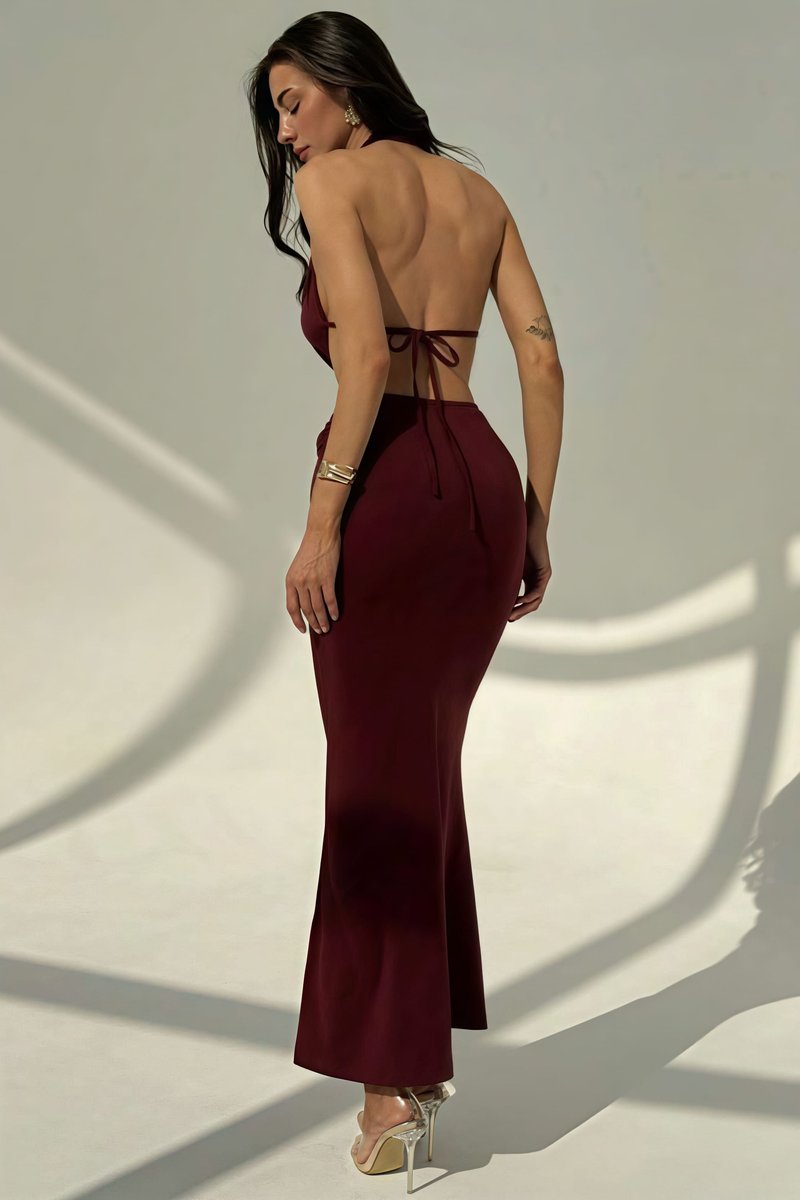 Women's Deep V-Neck Halter Fall Wedding Guest Dress Slim Bodycon Maxi