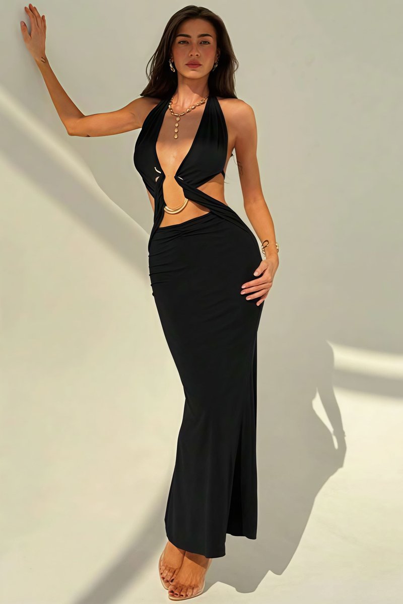 Women's Deep V-Neck Halter Fall Wedding Guest Dress Slim Bodycon Maxi