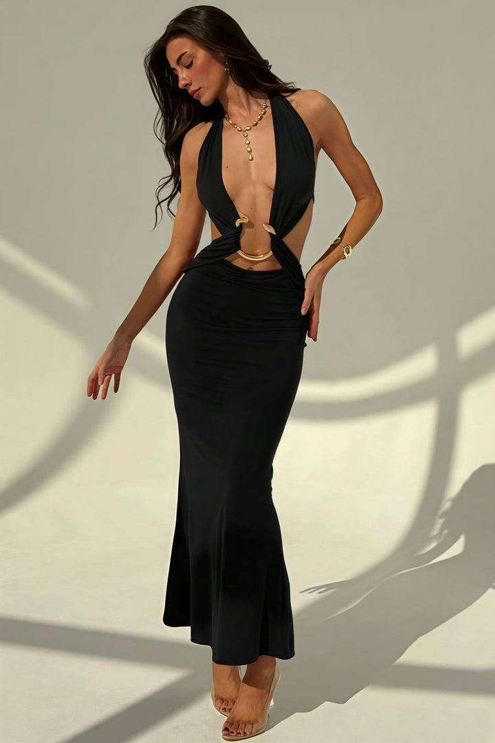 Women's Deep V-Neck Halter Fall Wedding Guest Dress Slim Bodycon Maxi
