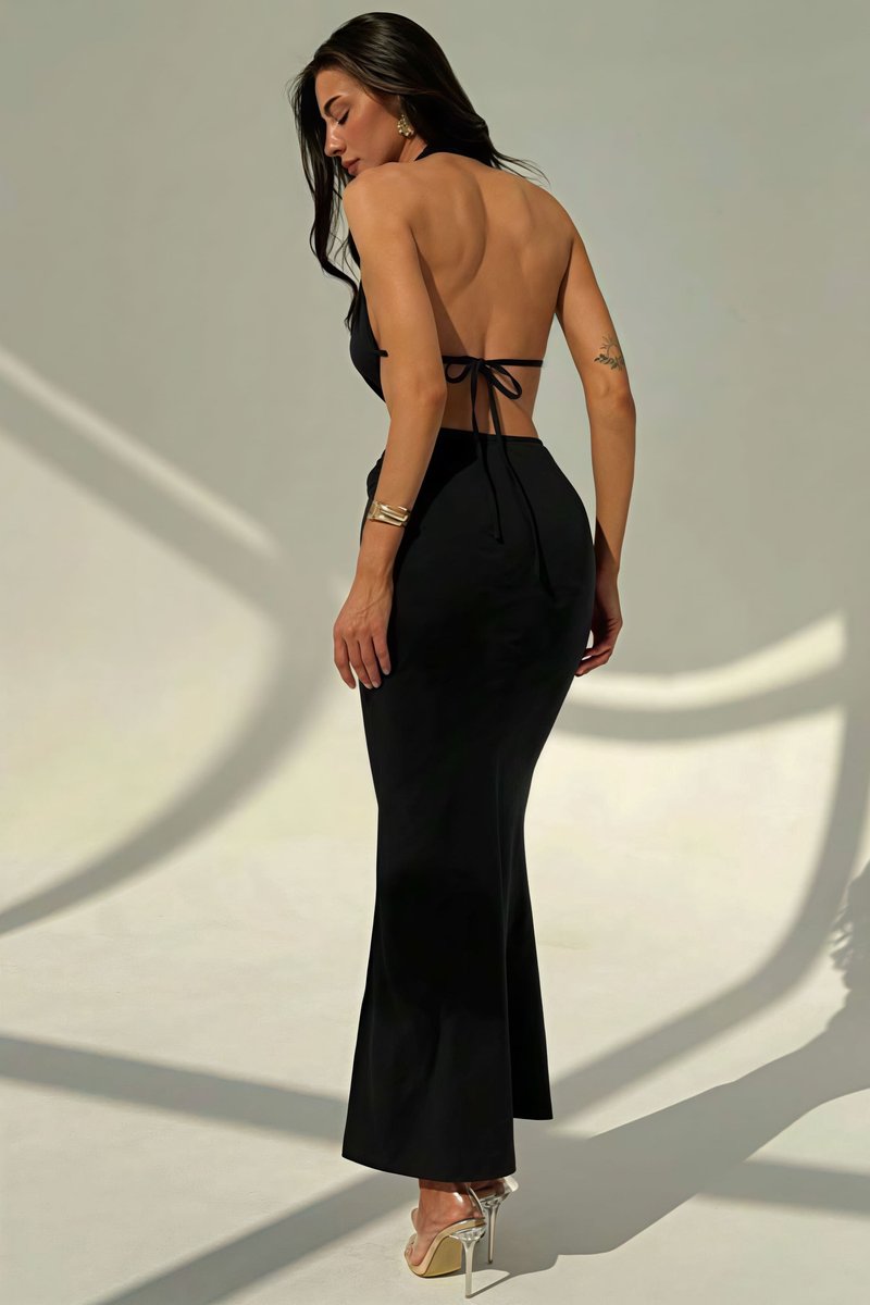 Women's Deep V-Neck Halter Fall Wedding Guest Dress Slim Bodycon Maxi