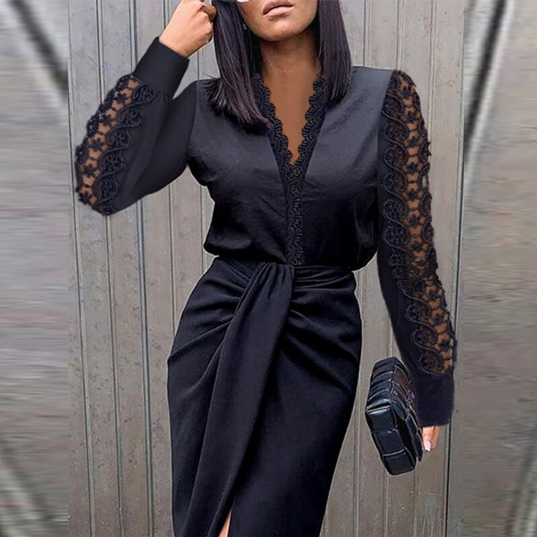 Women's Deep V-Neck Lace Sleeve Bodycon Formal Dress