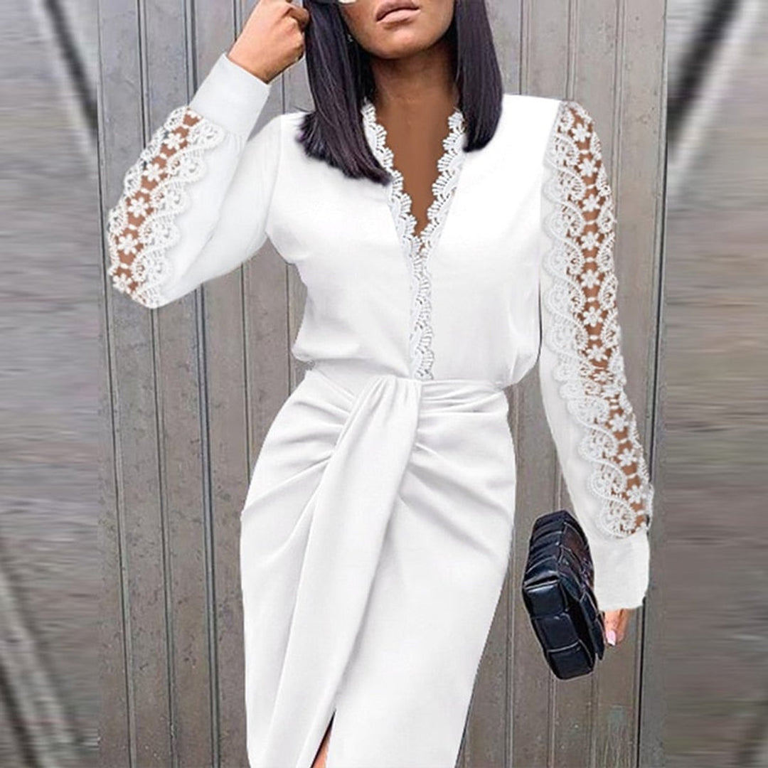 Women's Deep V-Neck Lace Sleeve Bodycon Formal Dress