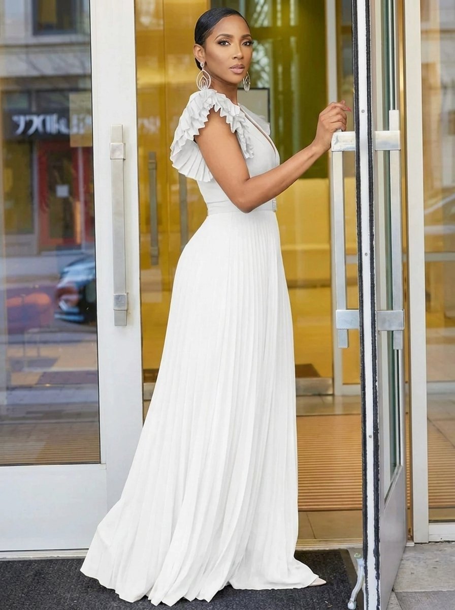 Women's Deep V-Neck Pleated Belted Formal Dress