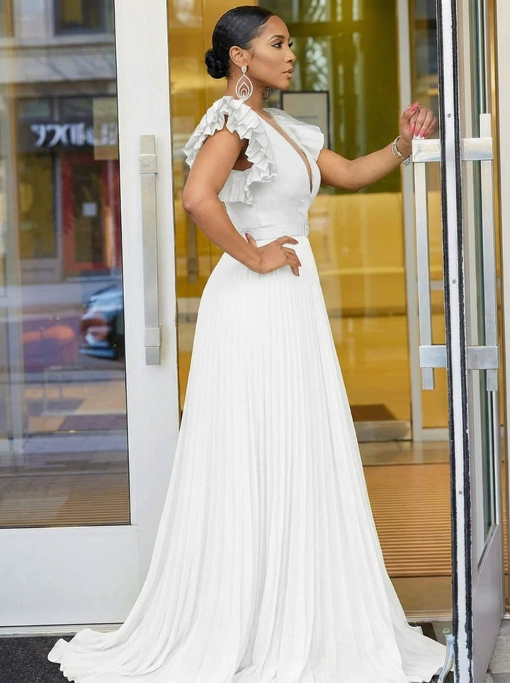 Women's Deep V-Neck Pleated Belted Formal Dress