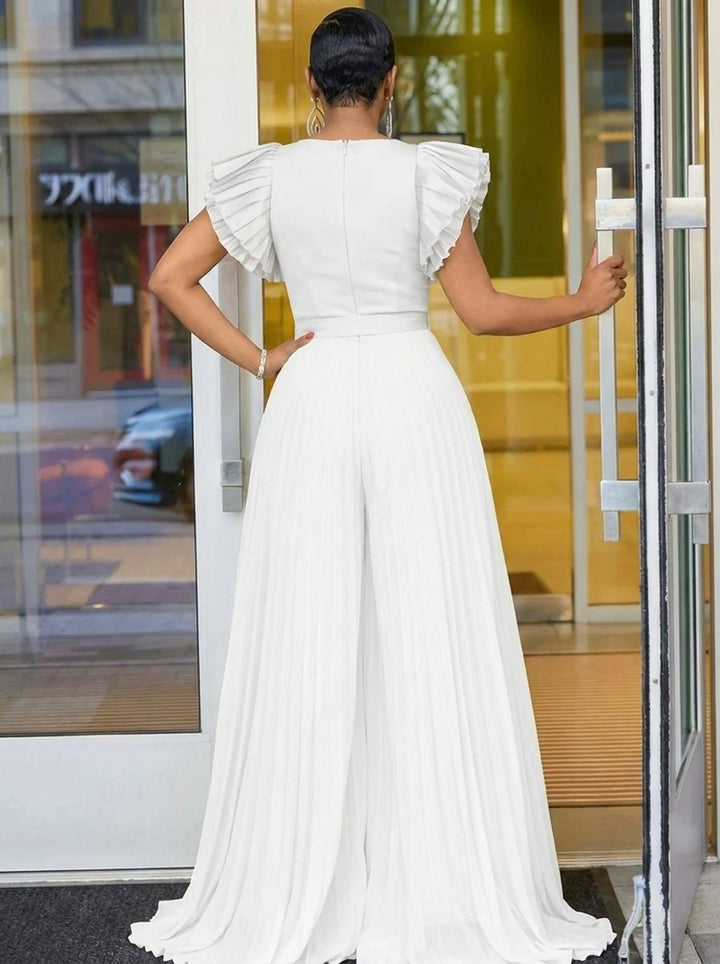Women's Deep V-Neck Pleated Belted Formal Dress