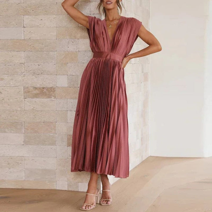 Women's Deep V-Neck Pleated Fall Midi Dress Sleeveless