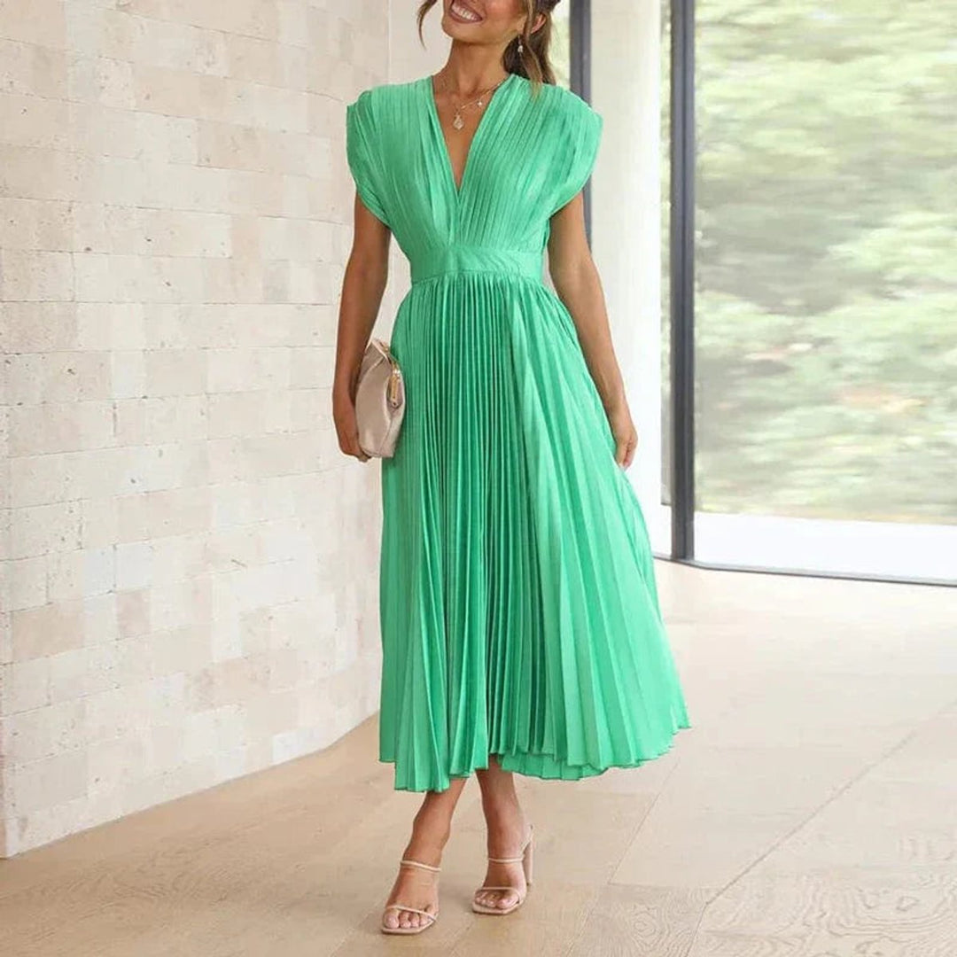 Women's Deep V-Neck Pleated Fall Midi Dress Sleeveless