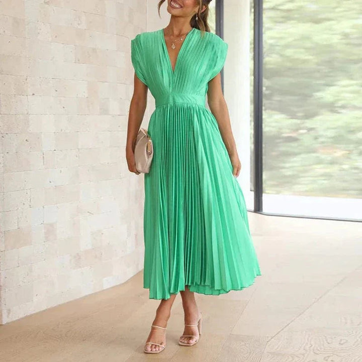 Women's Deep V-Neck Pleated Fall Midi Dress Sleeveless