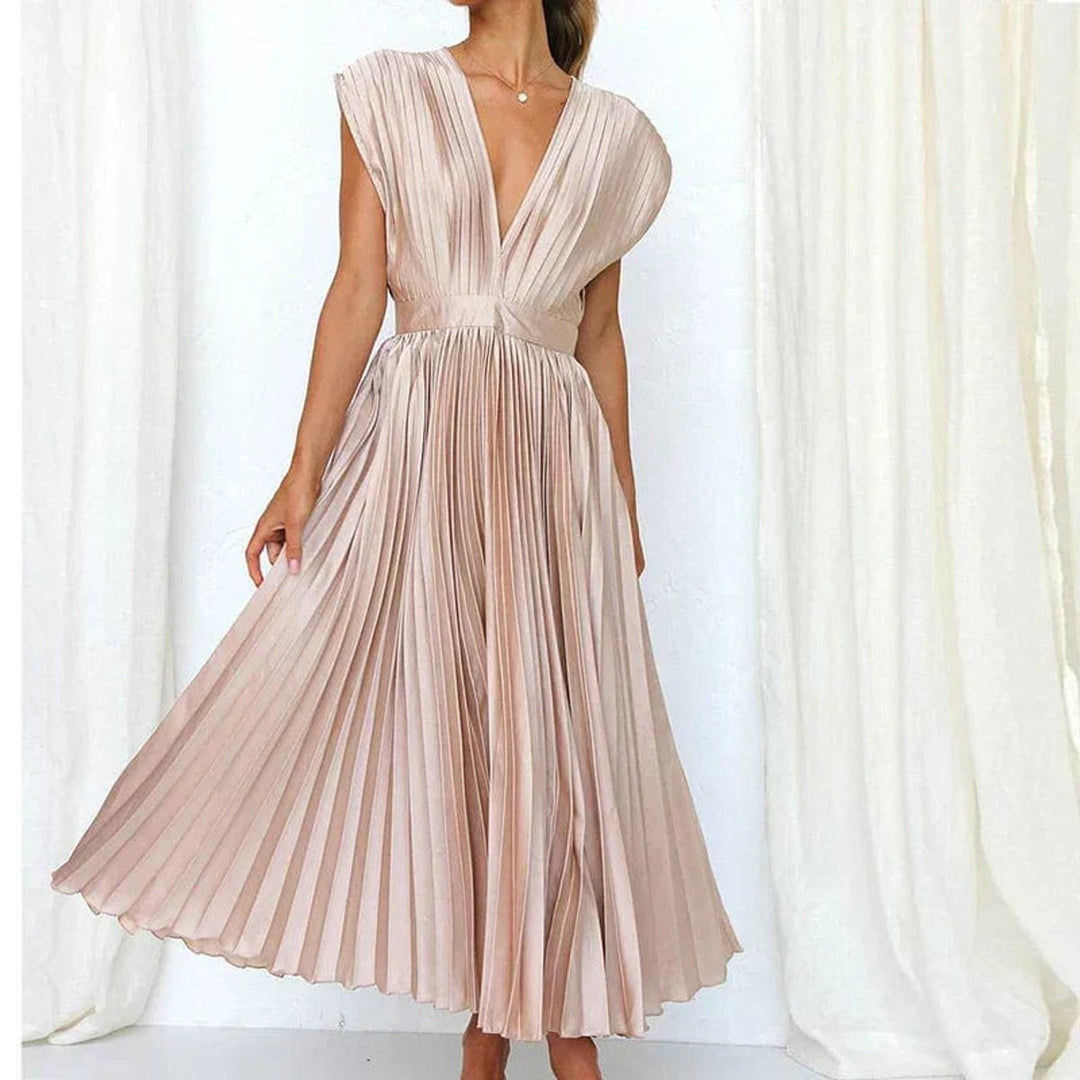 Women's Deep V-Neck Pleated Fall Midi Dress Sleeveless