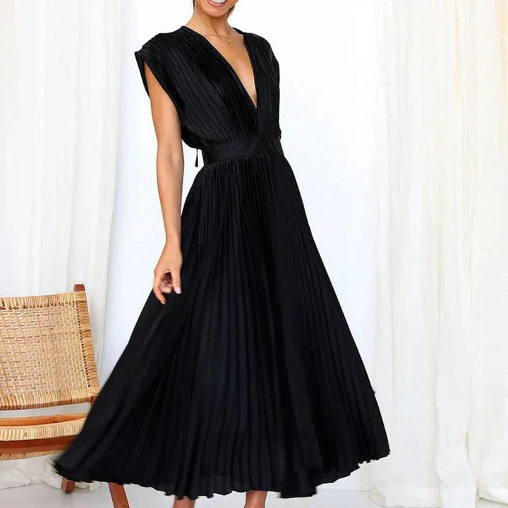 Women's Deep V-Neck Pleated Fall Midi Dress Sleeveless