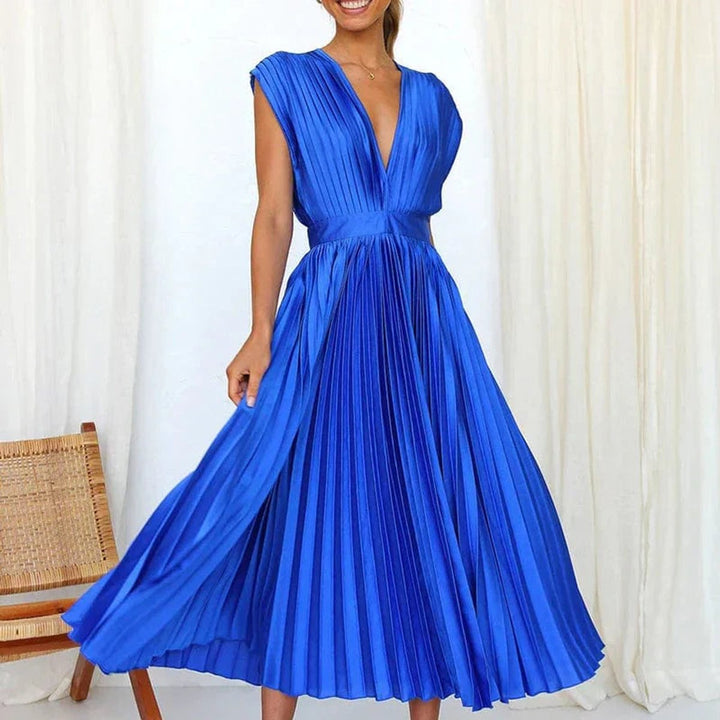 Women's Deep V-Neck Pleated Fall Midi Dress Sleeveless
