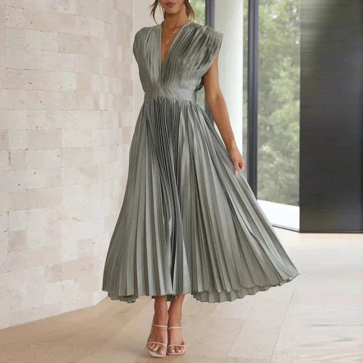 Women's Deep V-Neck Pleated Fall Midi Dress Sleeveless