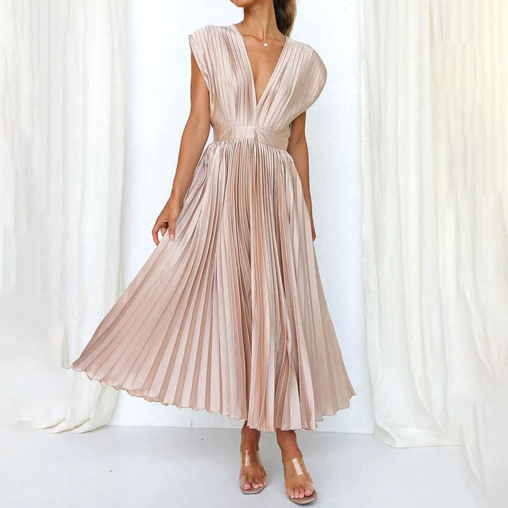 Women's Deep V-Neck Pleated Midi Formal Dress