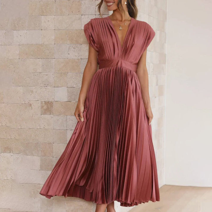 Women's Deep V-Neck Pleated Midi Formal Dress
