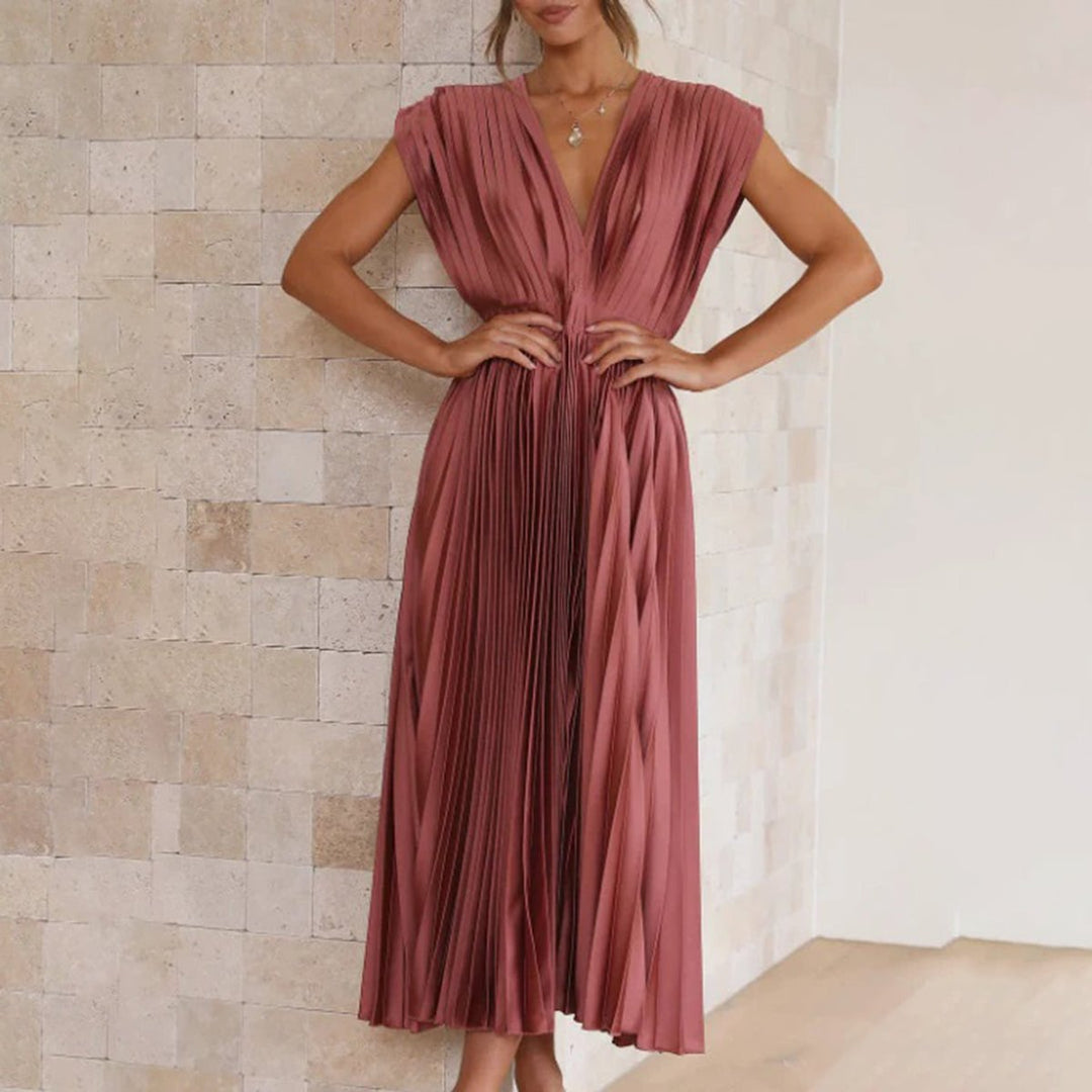 Women's Deep V-Neck Pleated Midi Formal Dress