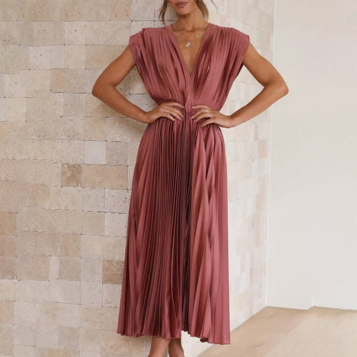 Women's Deep V-Neck Pleated Midi Formal Dress