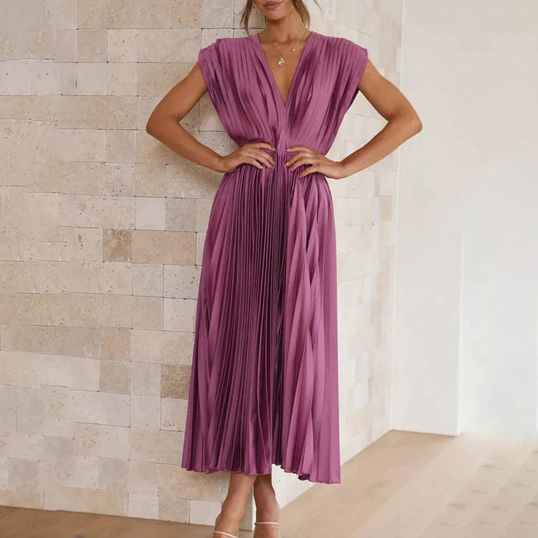 Women's Deep V-Neck Pleated Midi Formal Dress