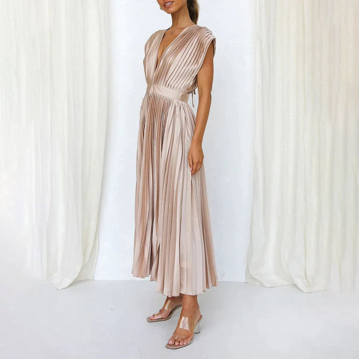 Women's Deep V-Neck Pleated Midi Formal Dress