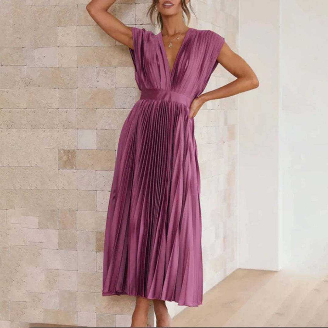 Women's Deep V-Neck Pleated Midi Formal Dress