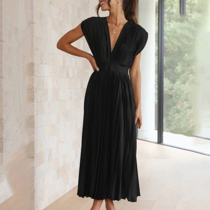 Women's Deep V-Neck Pleated Midi Formal Dress