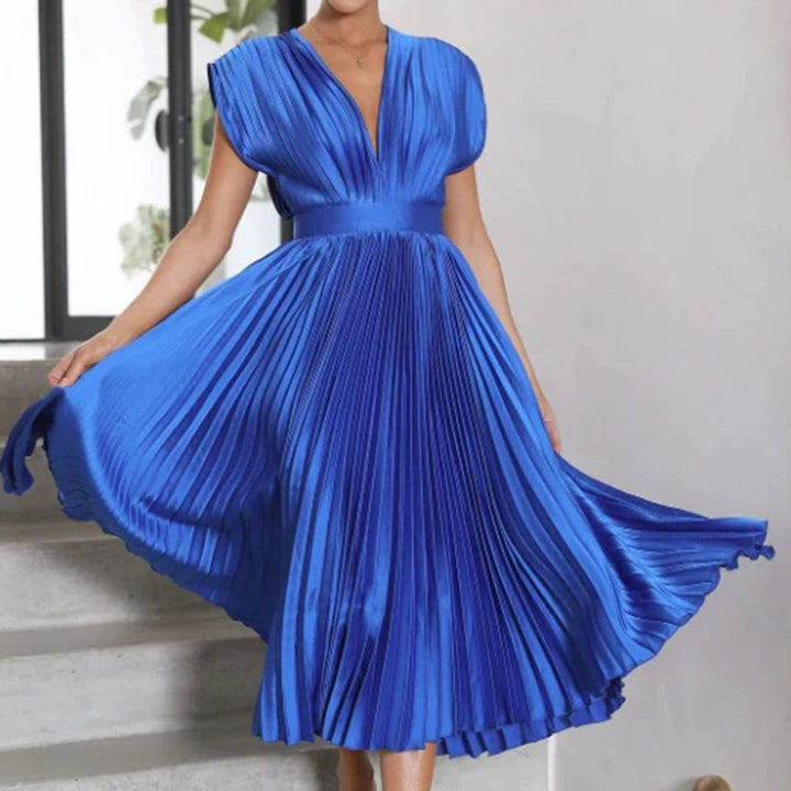 Women's Deep V-Neck Pleated Midi Formal Dress