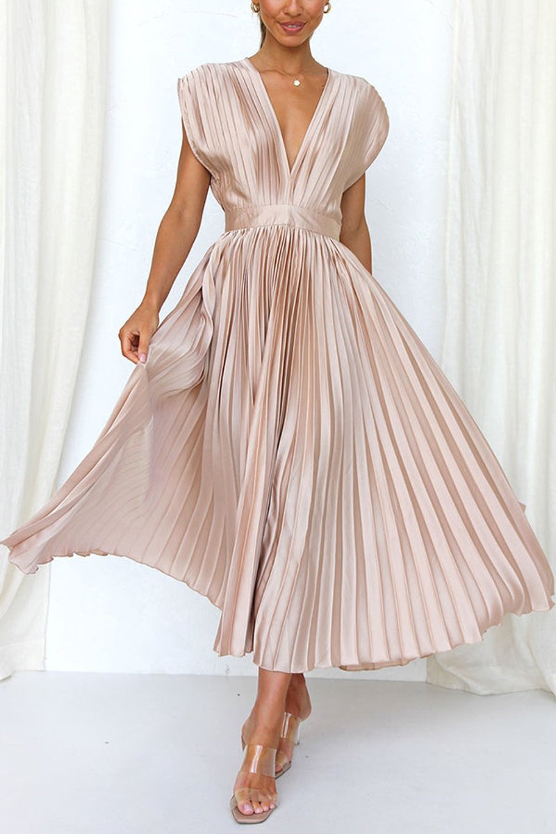 Women's Deep V-Neck Pleated Satin Fall Midi Dress