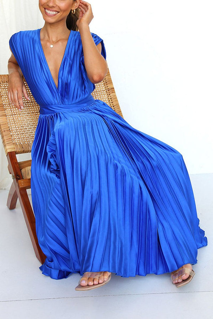 Women's Deep V-Neck Pleated Satin Fall Midi Dress