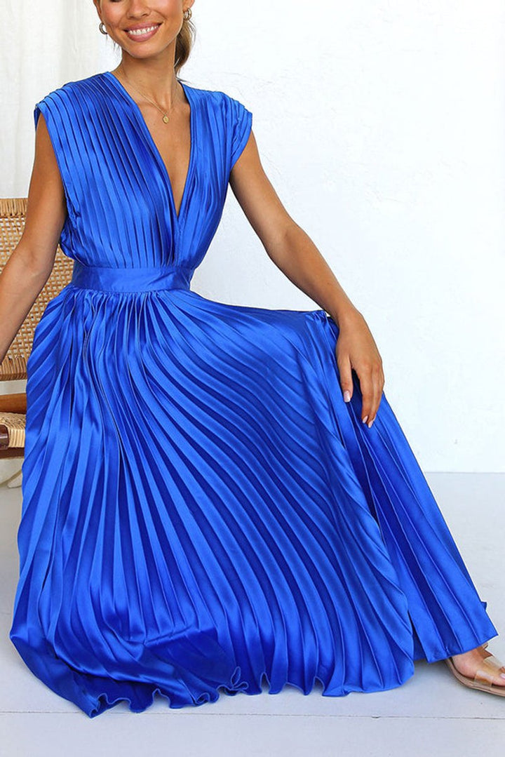 Women's Deep V-Neck Pleated Satin Fall Midi Dress