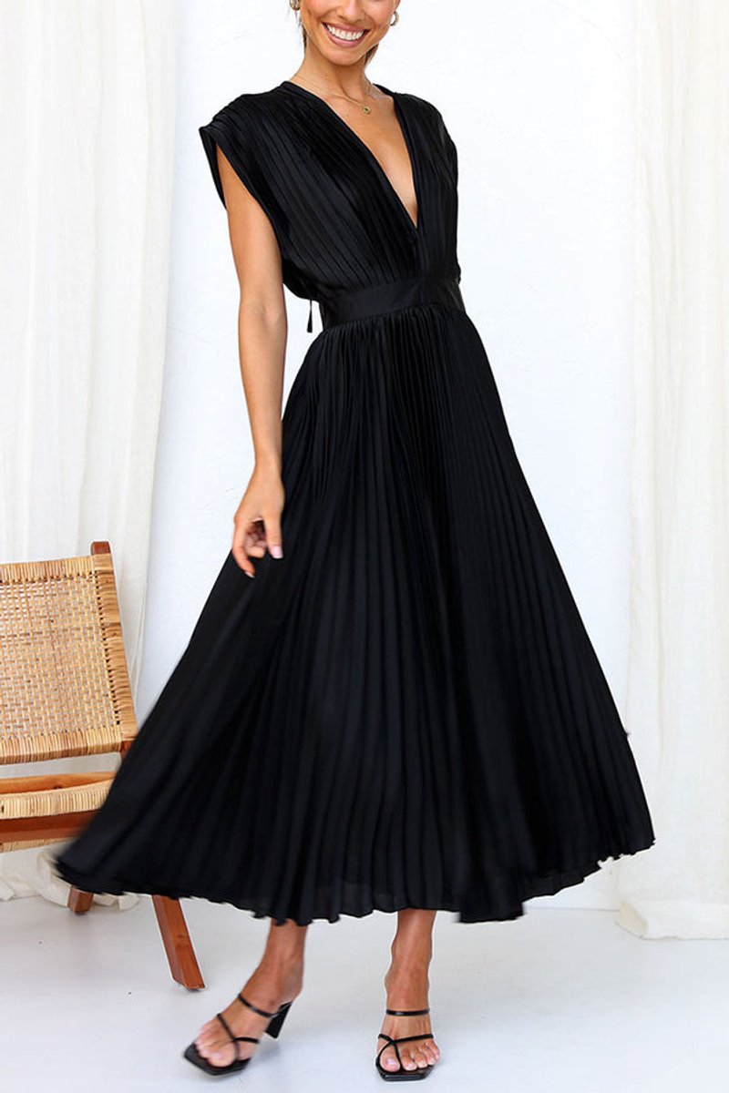 Women's Deep V-Neck Pleated Satin Fall Midi Dress