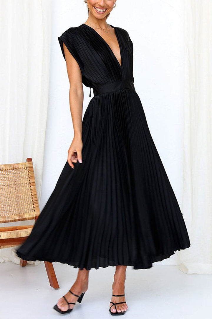 Women's Deep V-Neck Pleated Satin Fall Midi Dress