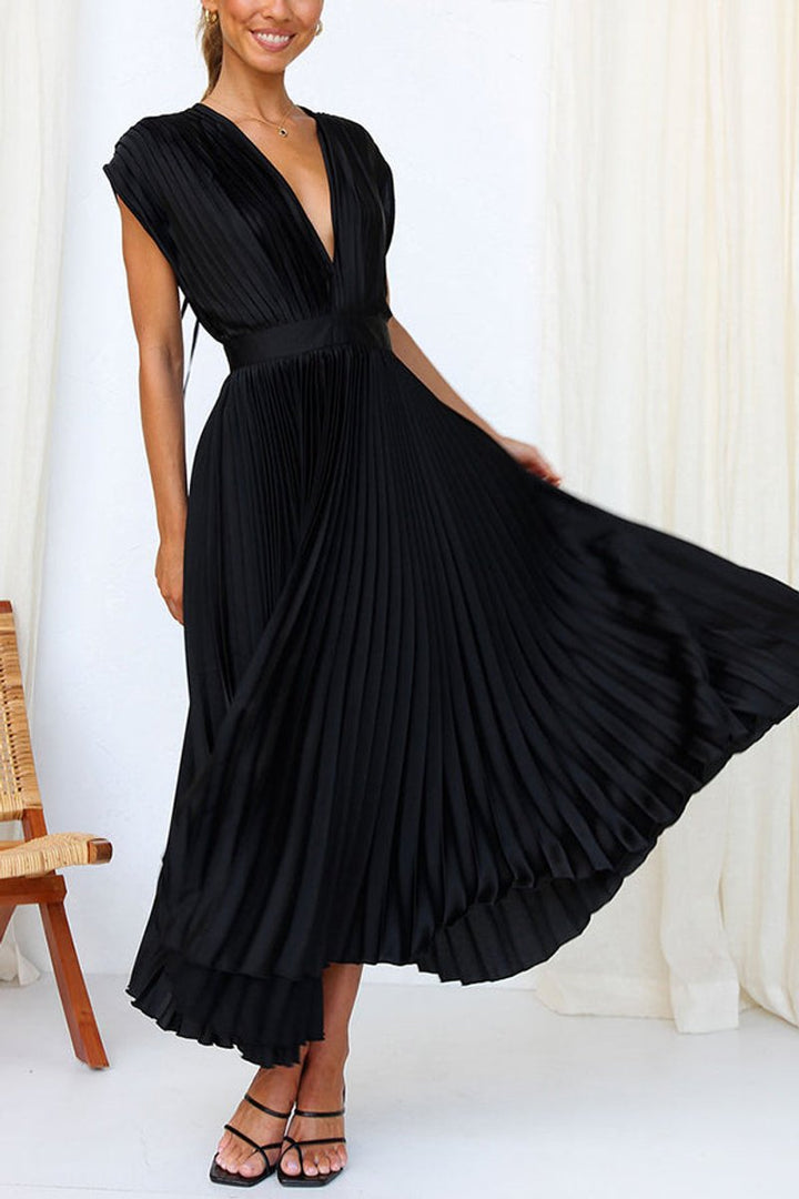 Women's Deep V-Neck Pleated Satin Fall Midi Dress