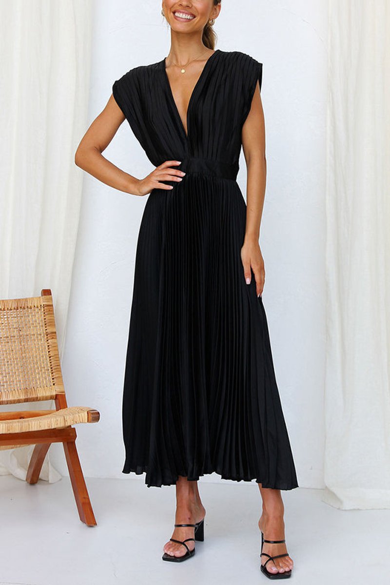 Women's Deep V-Neck Pleated Satin Fall Midi Dress