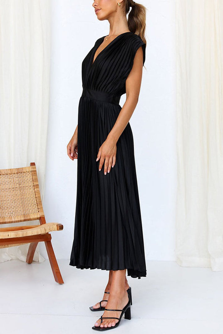 Women's Deep V-Neck Pleated Satin Fall Midi Dress